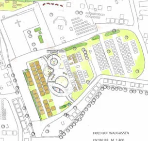 Kartenausschnitt des Plans vom Abteifriedhof Wadgassen, Situation Bereich Haupteingang, Friedhofshalle